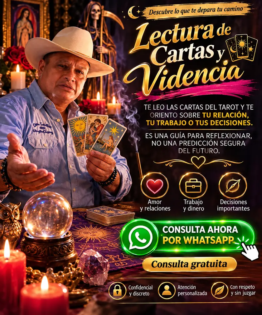 Lectura de cartas y videncia: El Indio Inca lee las cartas del tarot y orienta sobre tu relación, tu trabajo o tus decisiones; es una guía para reflexionar, no una predicción segura del futuro